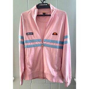 Ellesse Rimini Full Zip Track Jacket Pink Blue Stripes Patch Logo Pockets Sz XL